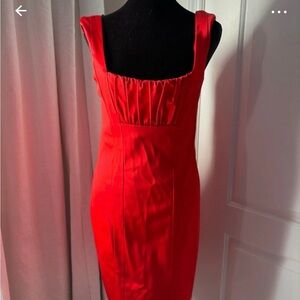 David Meister Red Square-Neck Midi Sheath Dress